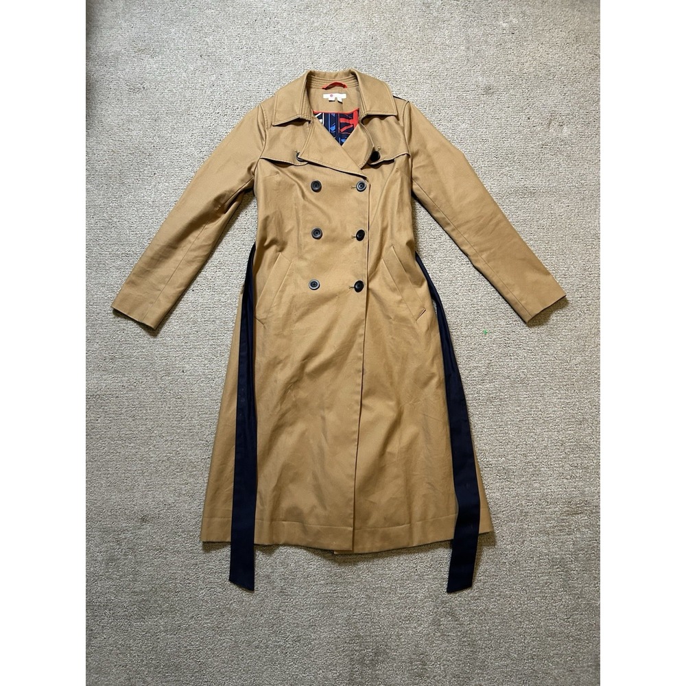 Boden Tan/Blue Trench Coat Union Jack Lining Grosgrain Trim Women US 6 Rare Find